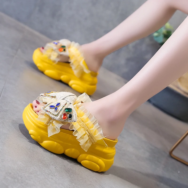 Shoes Woman 2024 Slippers Heels Platform Pantofle Increased Internal Butterfly-Knot Luxury Slides Jelly Flip Flops High New Desi