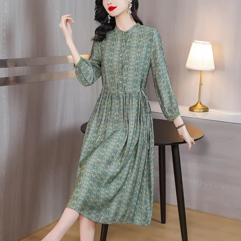 Vestido Midi plisado de seda azul con borlas para mujer, vestido informal de manga larga con cuello con volantes, vestido elegante coreano 2025