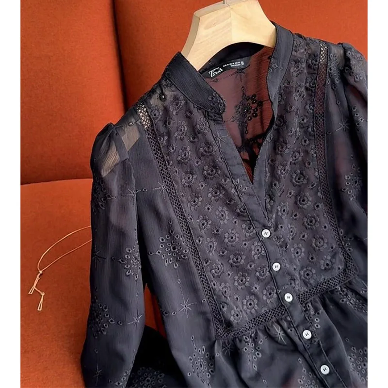 The Drape Is Slightly Sexy And The Black Hollow V-Neck Sweet With Long Sleeves Spring And Summer Shirts And Women's Dresses view 4