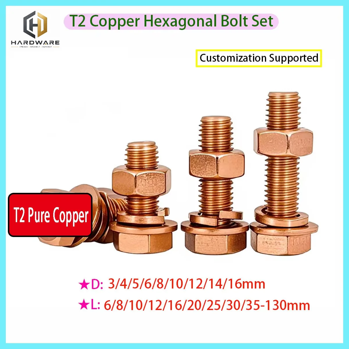 T2 Pure Copper External Hex Bolts Red Copper Conductive Screws Bolts Nuts Flat Washers Assortment Kit M3-m16