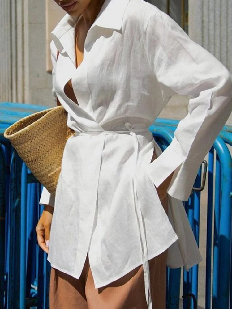 White Cotton Linen Shirts Women Wrap Lace-Up Lapel Casual Elegant Blouses Office Ladies Sunwear 2025 Long Sleeve Top