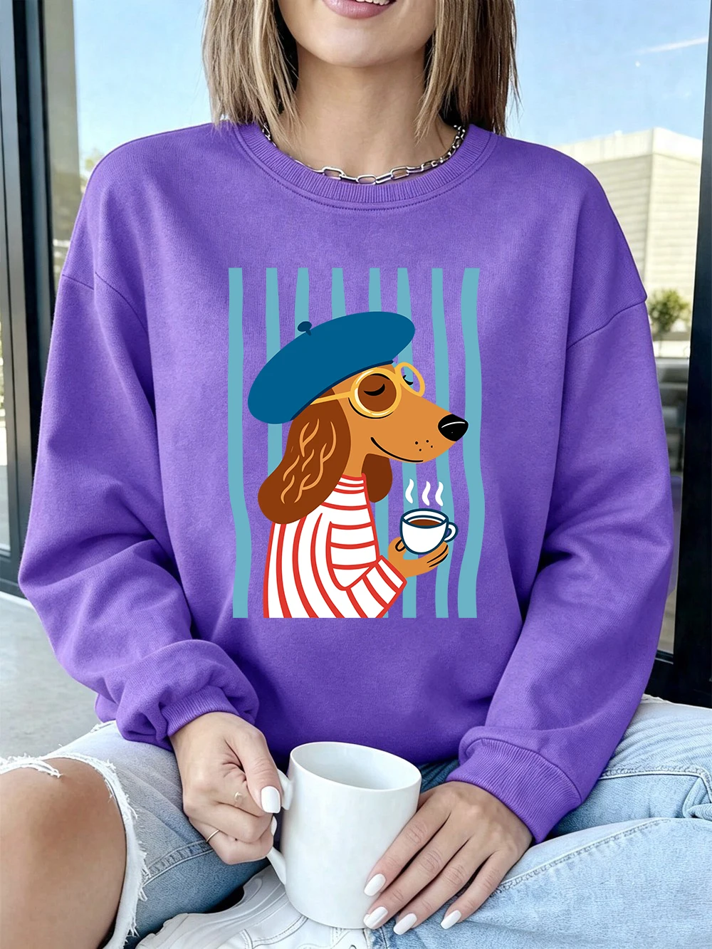 Sweatshirt mit französischer Dackel-Illustration, für Damen, lockerer, sportlicher Kapuzenpullover, Fleece, warm, Rundhalsausschnitt, Herbst, weiche Damenkleidung – Detail 16