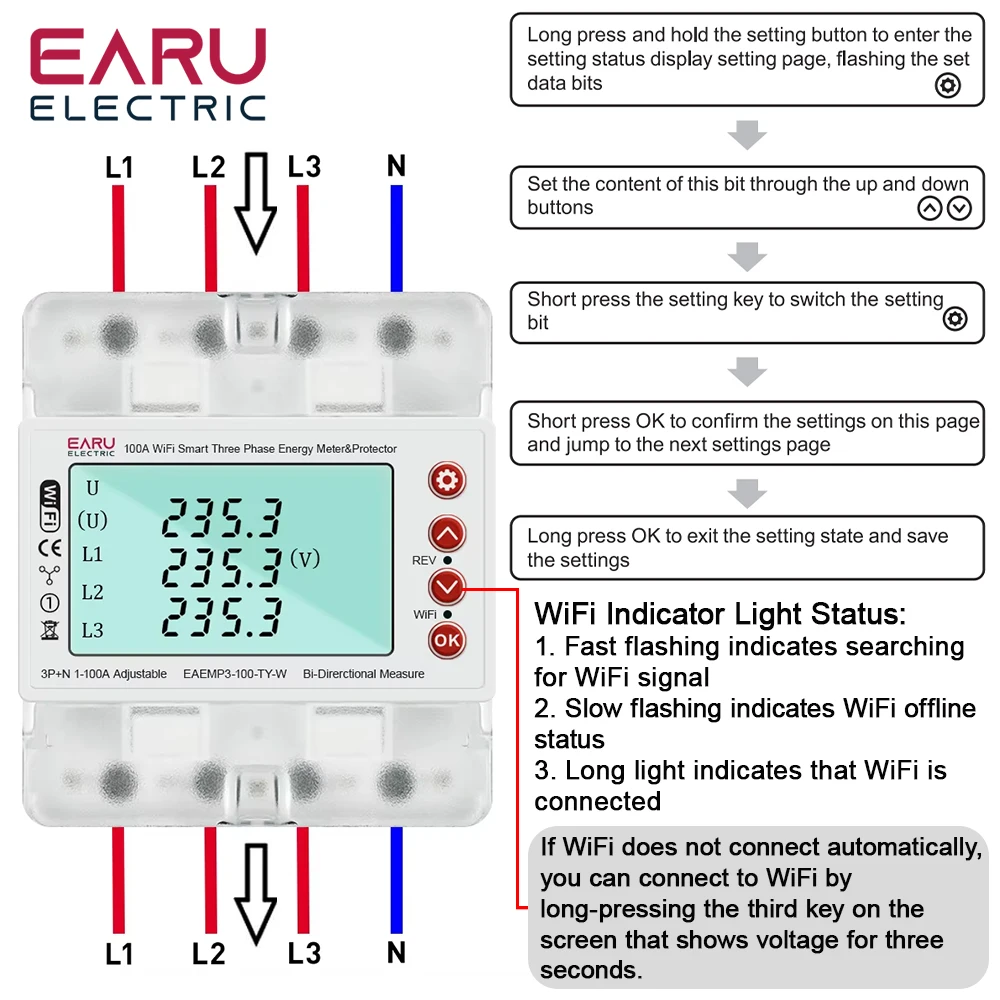 3 fazy 380V 100A Tuya WiFi inteligentny dwukierunkowy licznik energii moc kWh zabezpieczenie przed zbyt niskim napięciem przekaźnik przełącznik