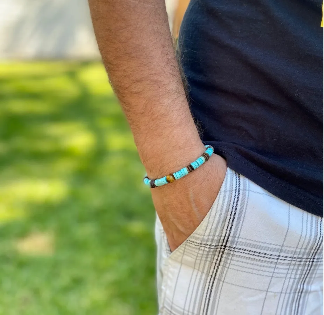 Heishi turquoise coconut and yellow tiger eye bracelet