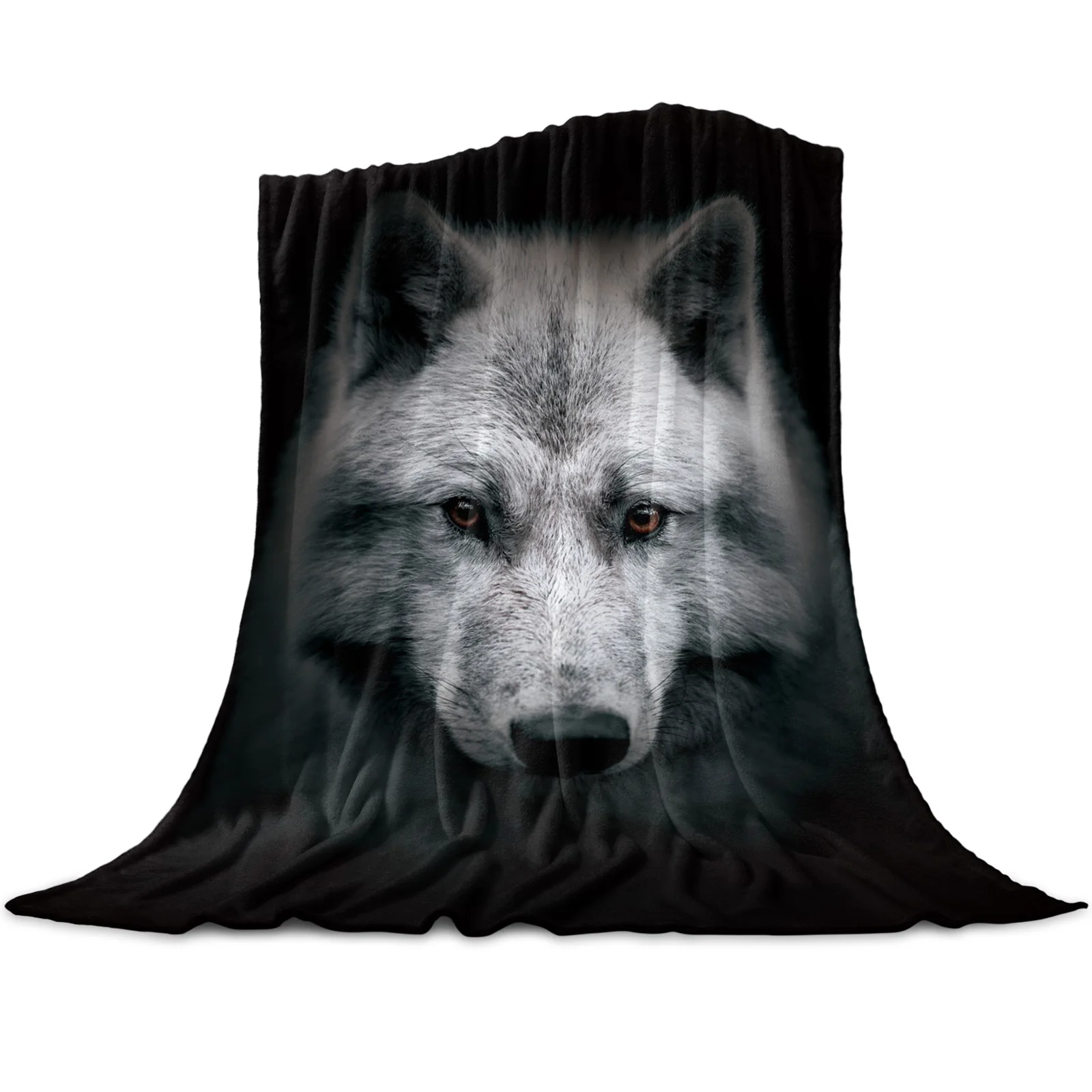 Animal Wolf Head Black Printed Throw Blanket Flannel Fleece Blankets Warm Soft Throws for Sofa Couch Bed Bedroom Bedspread