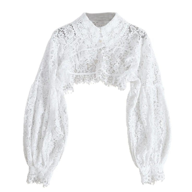 

Women Puff Long Sleeve Lapel Half Top Blouse Hollow Out Eyelash Floral Lace Detachable False Fake Collar Dickey DropShipping