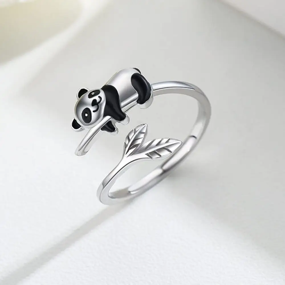 2New Harong Creative New Trend Lifelike Cute Panda Bamboo Ring Animal Open Rings for Girl Women Men Party Jewelry Gift