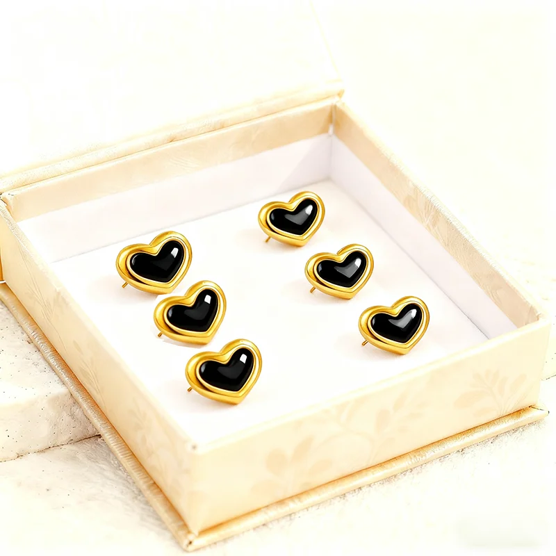 Black Heart Stud Earrings Set Golden Plated Enamel Love Shape Ear Jewelry For Women 6 Pairs Boxed Fashion Gift Accessories