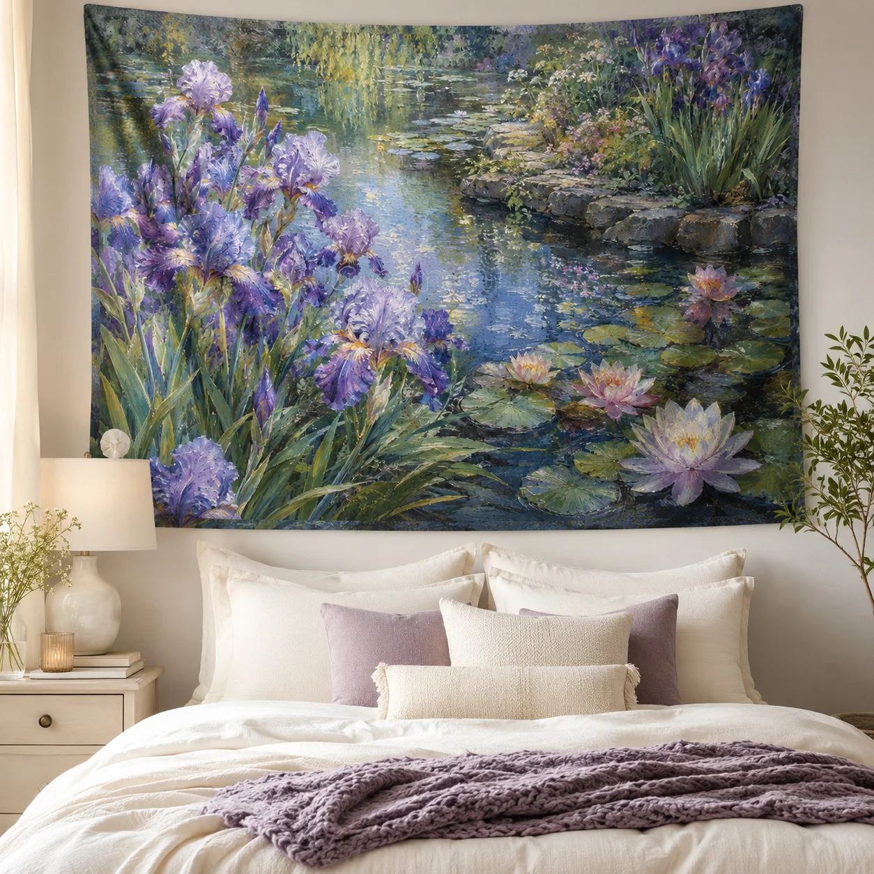 Vintage Iris Water Lily Wall Tapestry Oil Painting Floral Pond Wall Hanging for Bedroom Living Room Decor Gift