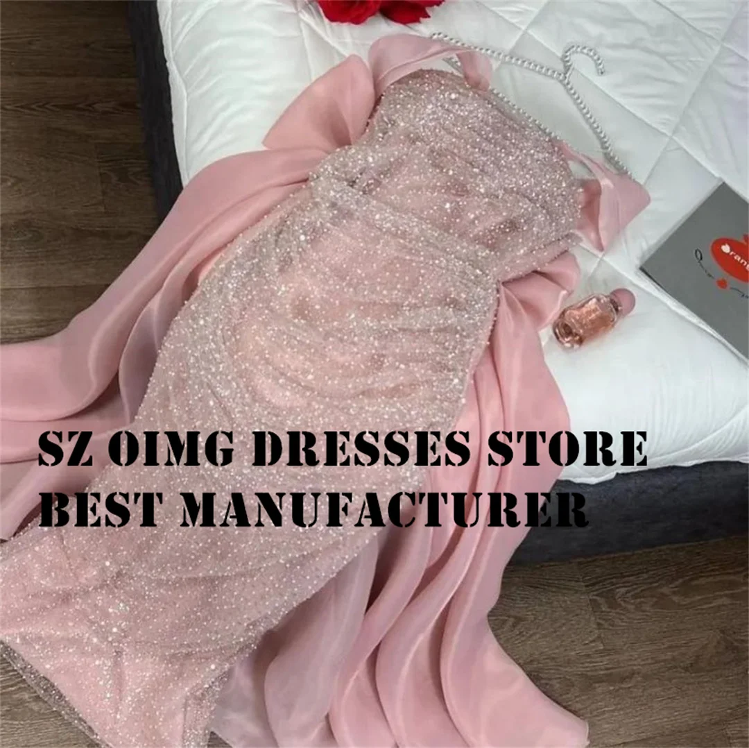 

OIMG Elegant Mermaid Pink Prom Dresses Sleeveless Ruched Strapless Sequined Organza Women Evening Gowns Formal Party Dress