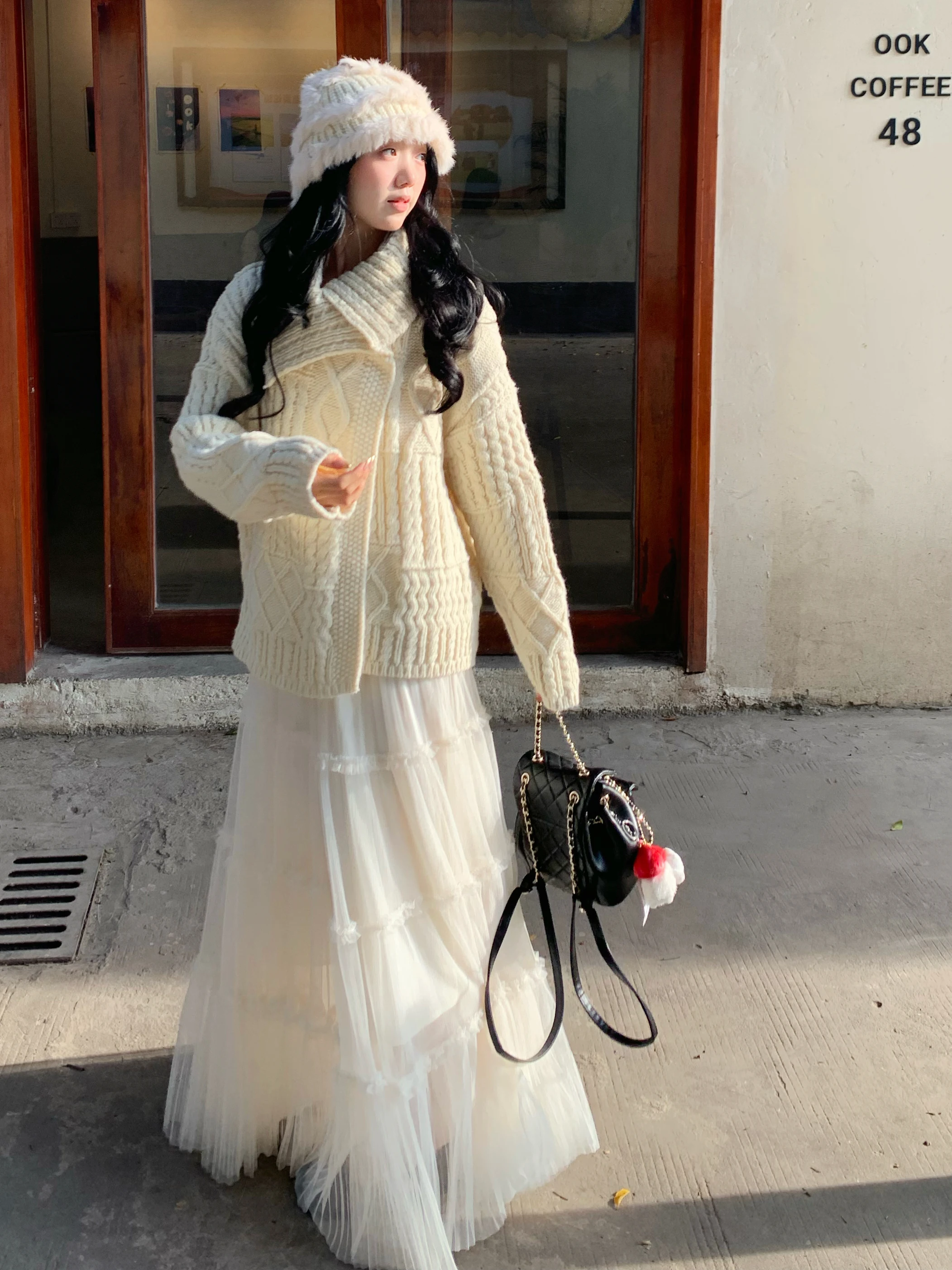 

DOMX Women's Loose Fit Thi Knit Cardigan Sweater Autumn Winter Korean Sle Twist Coarse Needle Turn-down Collar Outerwear