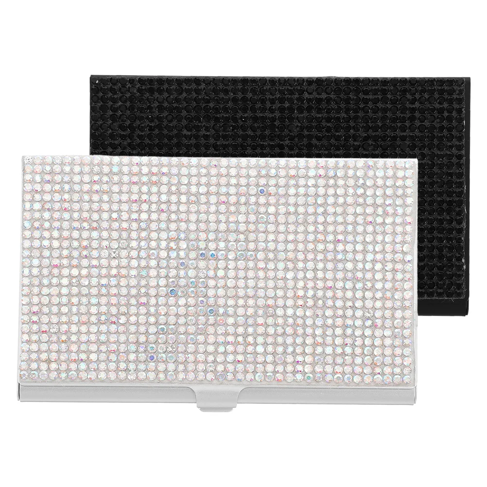 

2Pcs Business Card Holder Shiny Rhinestone Metal Aluminum Alloy Credit Card Office Desk Accessories Ultra Slim