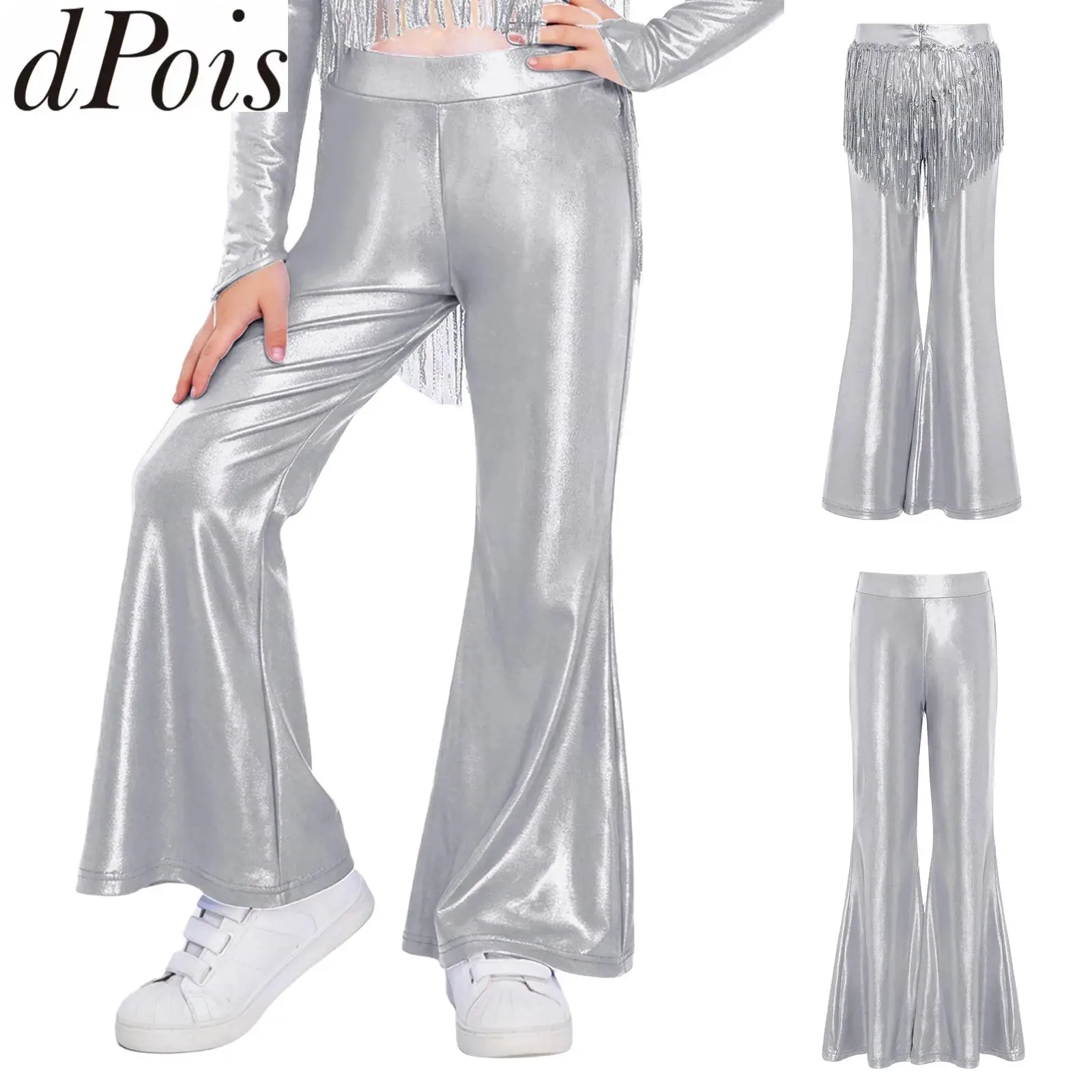 

Kids Girls Metallic Disco Tassels Pants Jazz Tango Samba Modern Dancewear Performance Sparkly Sequin Flared Bell-Bottom Trousers