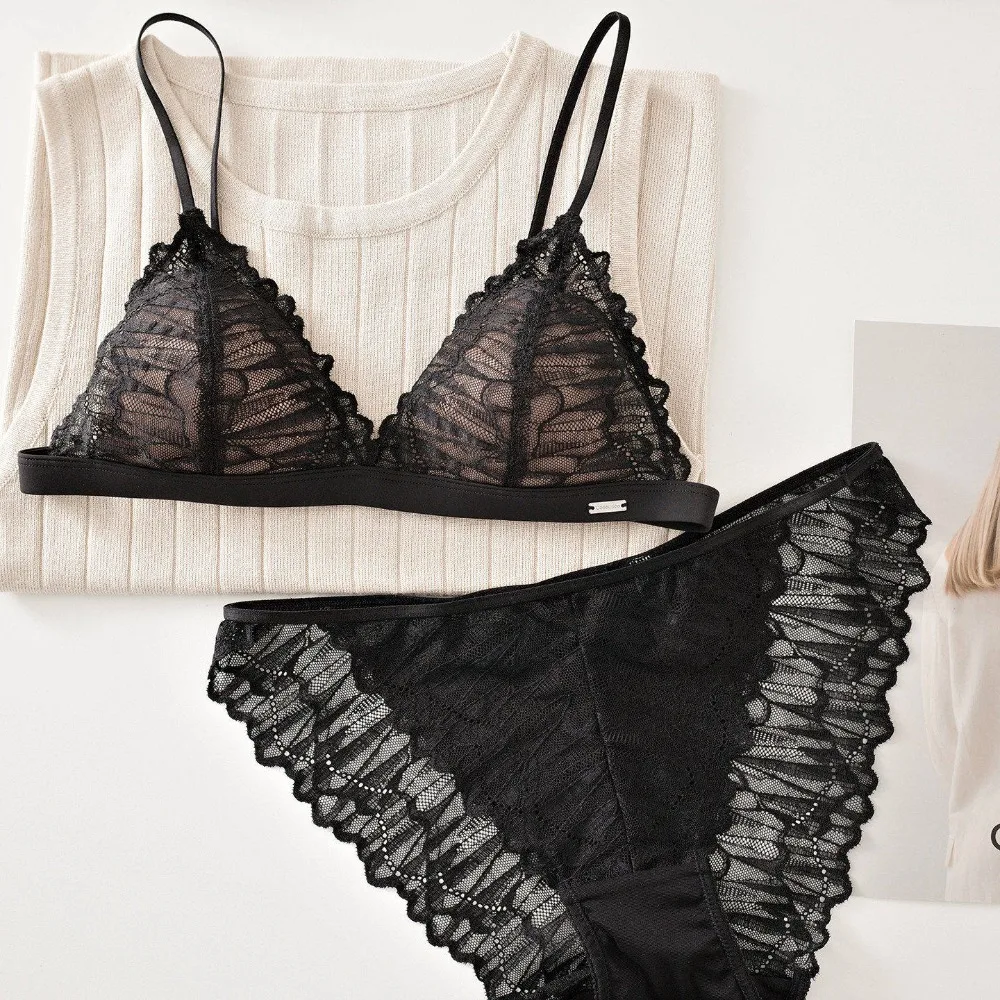 Lencería Sensual Mujer Otoño Invierno Encaje Francés Sujetador Sin Aros Copa Triangular Tirante Fino Efecto Pecho Pequeño Talla