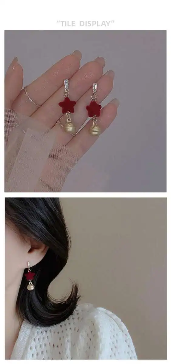 Brincos pendentes de pentagrama em veludo vermelho para mulher_voghion.com
