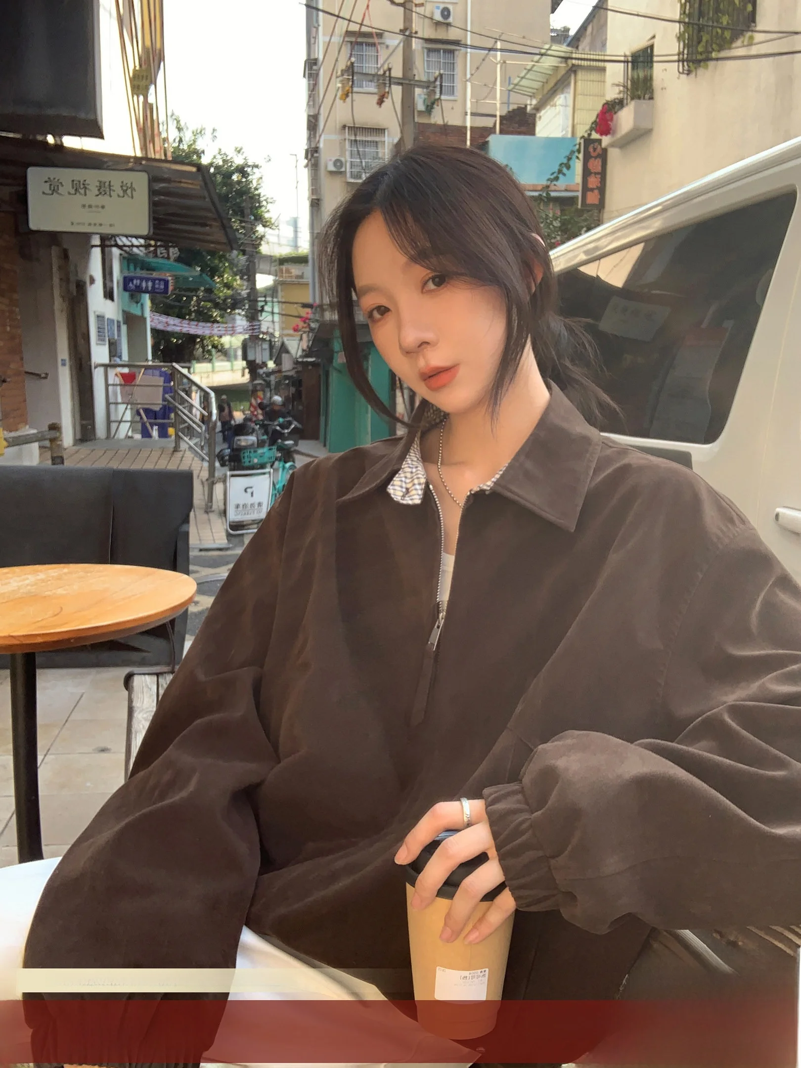 

American Style Name New Coffee Color Barn Style Plaid Collar Jacket Versatile Coat Ladies Loose Fit Long Sleeve Zipper Closure