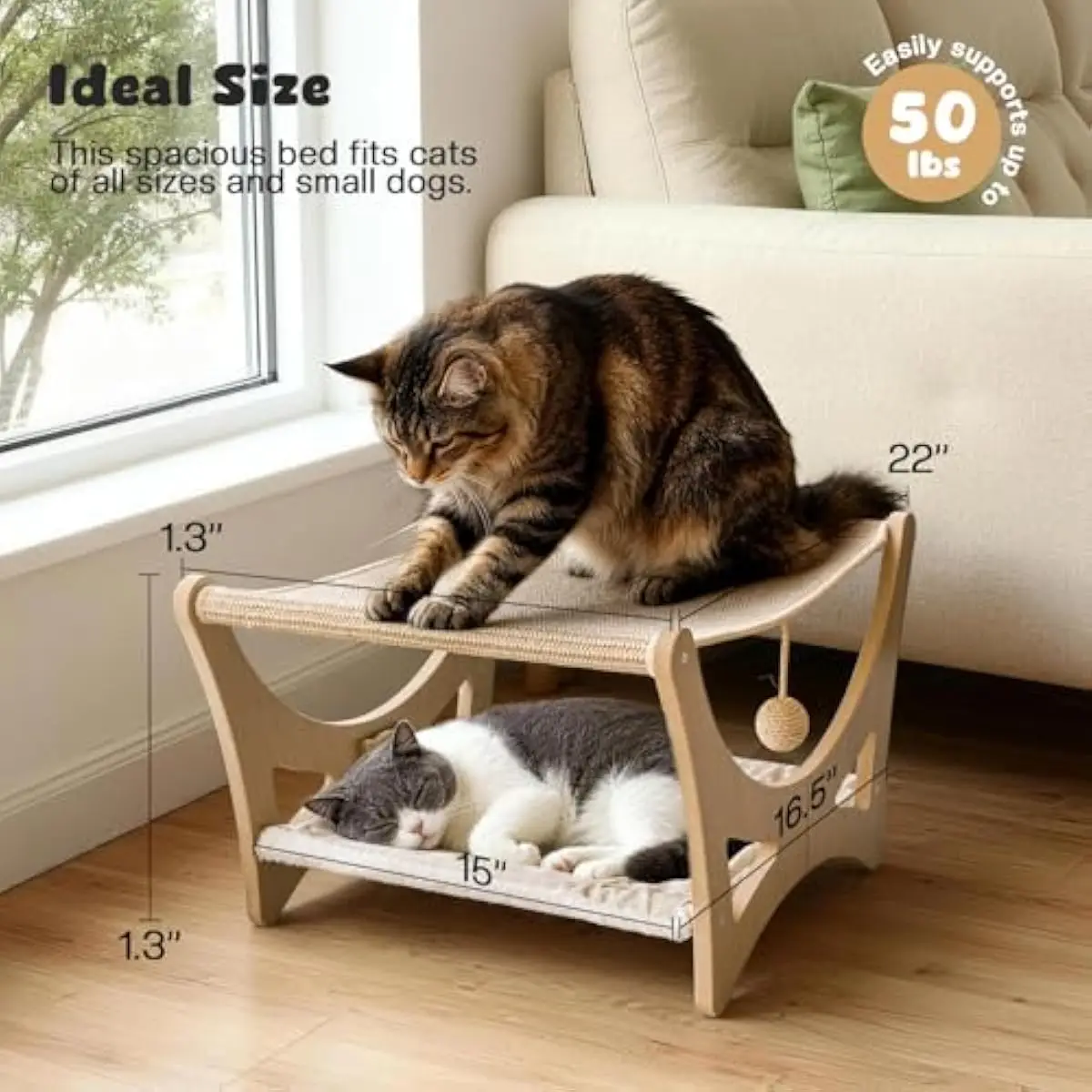 Elevated Two-Tier Cat Lounge with Woven Jute Hammock and Reversible Linen-Plush Base, Removable Cushions, Anti-Slip Wood Frame,