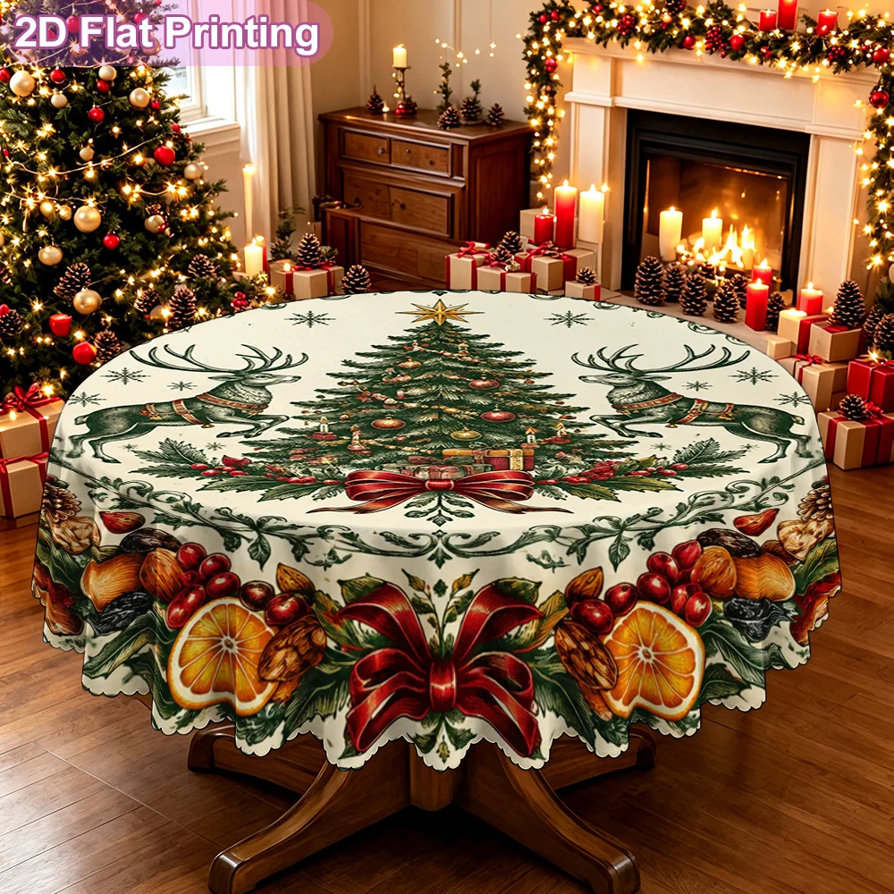 Christmas tree reindeer fruit wreath plate decoration printed tablecloth, winter themed kitchen and dining table covers