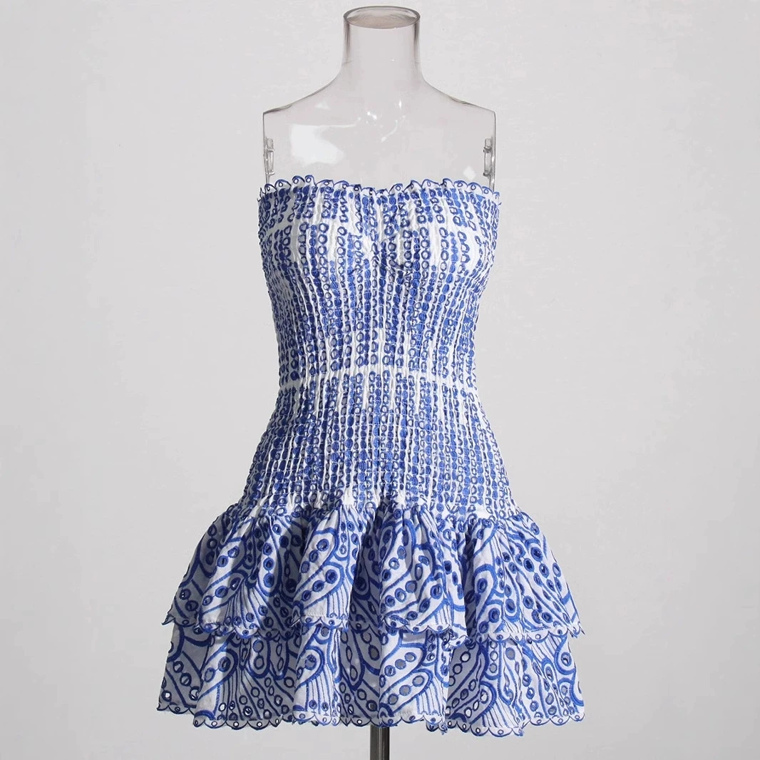 Abito sexy da donna con orlo a strati e taglio a vita alta, senza spalline, senza maniche, con spalle scoperte