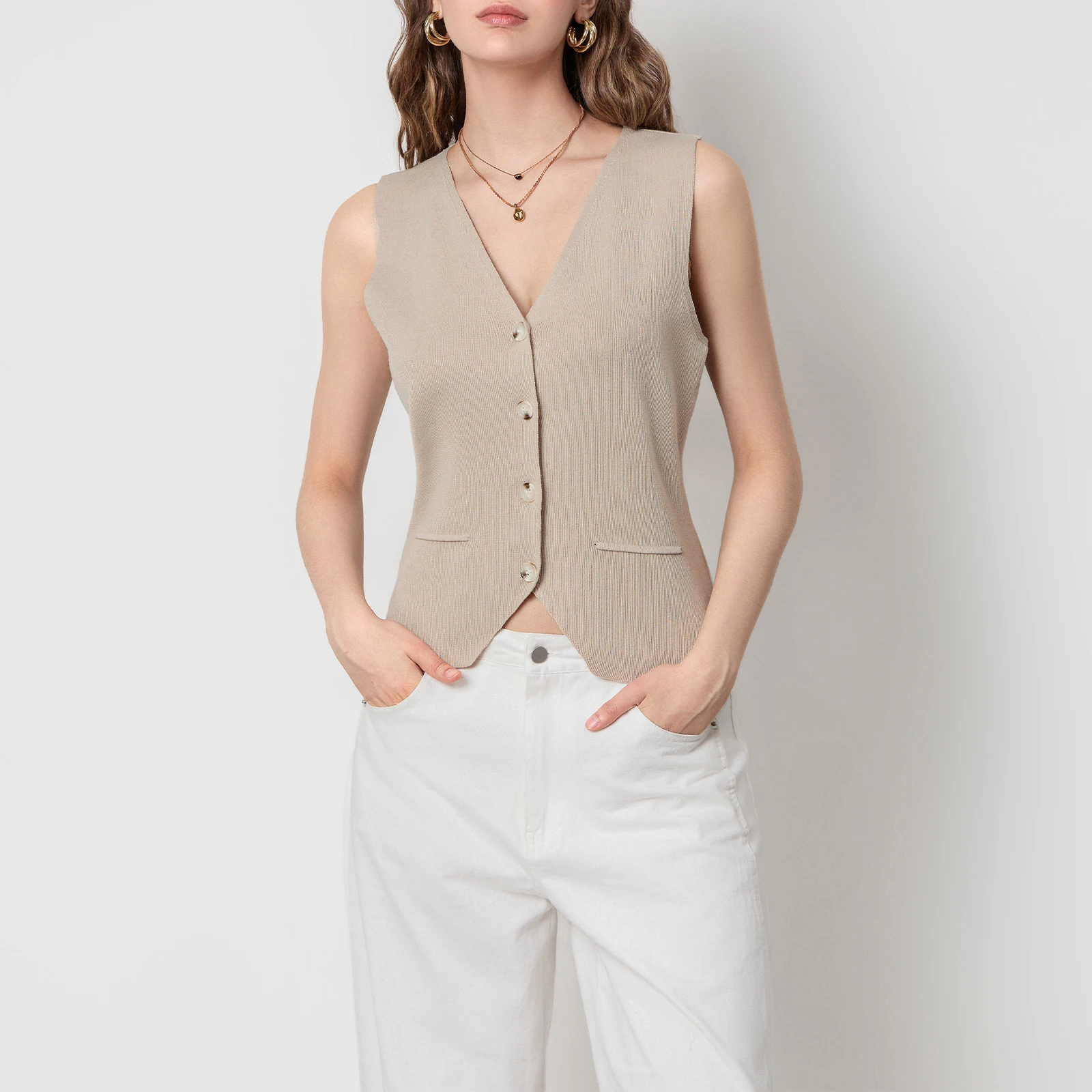 FUFUCAILLM Women Vintage Front Button Solid Knitted Casual Waistcoat Chic V Neck Sleeveless Outerwear Slim Vest Tops Streetwear