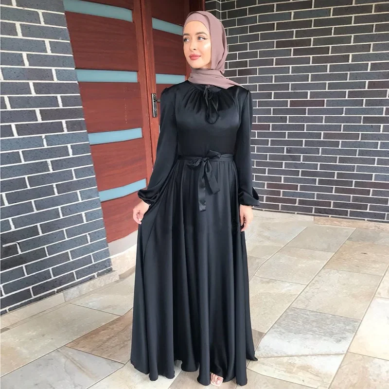 Cetim abaya longo vestido muçulmano elegante grande balanço com cinto hijab robe islam dubai turquia modesto abayas vestidos africanos para mulher