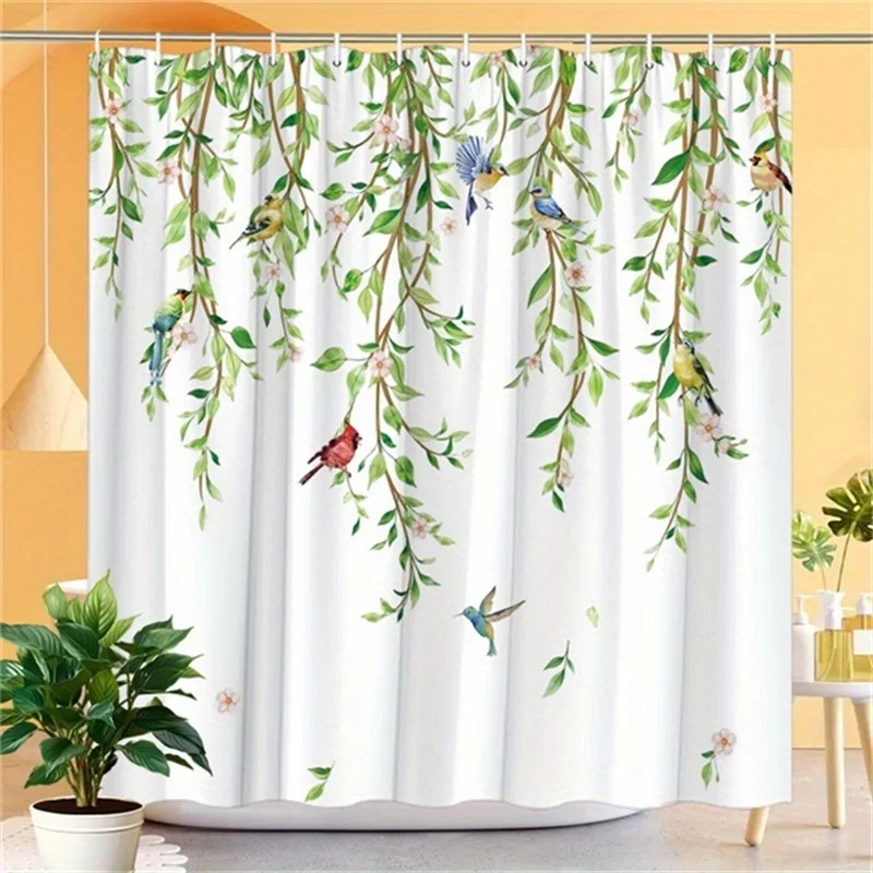 

Shower Curtain: Colorful Birds and Lush Greenery Design for a Fresh and Inviting Bathroom Atmosphere
