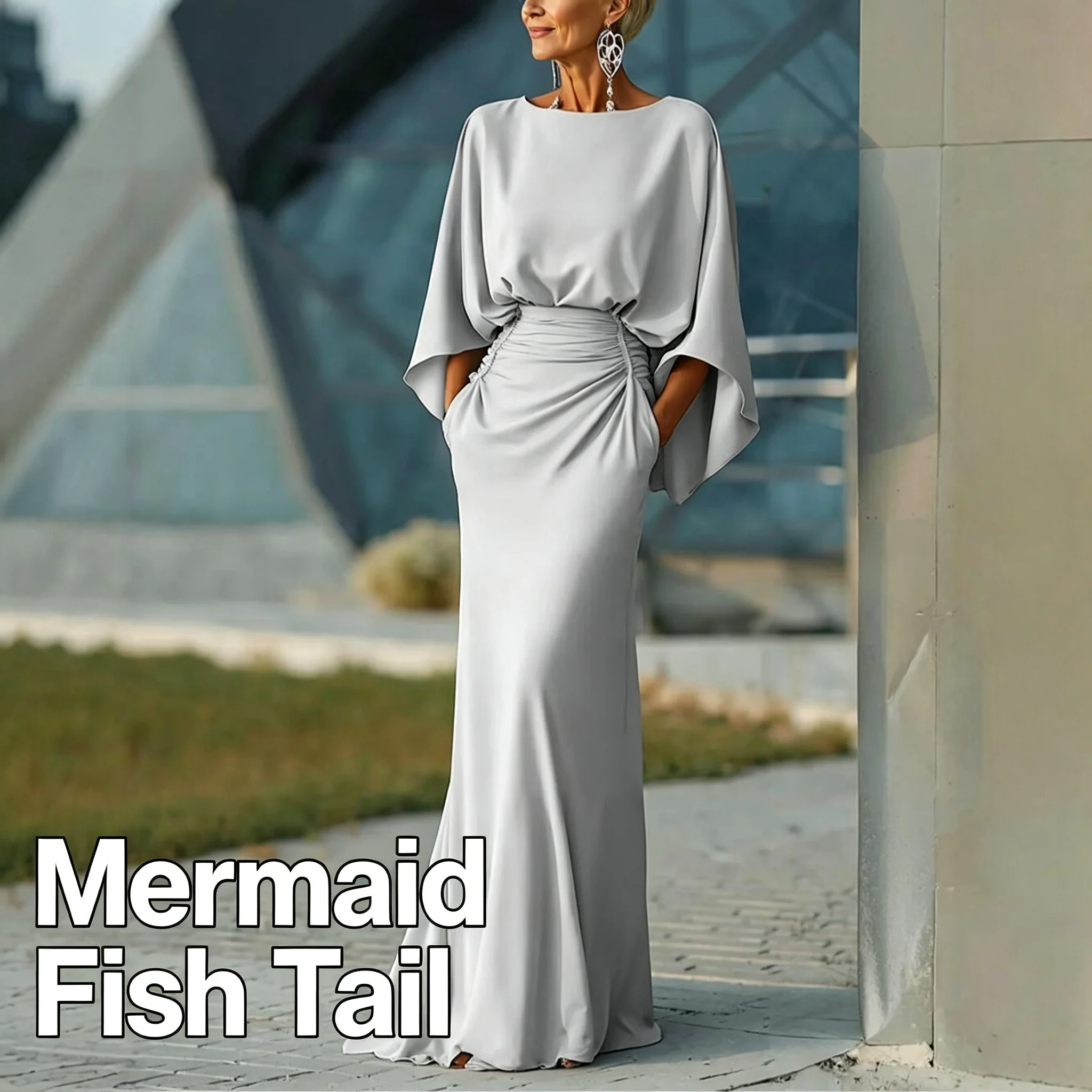 Elegant Evening Dress Batwing Sleeve Backless Ruched Waist Mermaid Long Formal Gown Wedding Guest Party Prom Dress with Pockets
