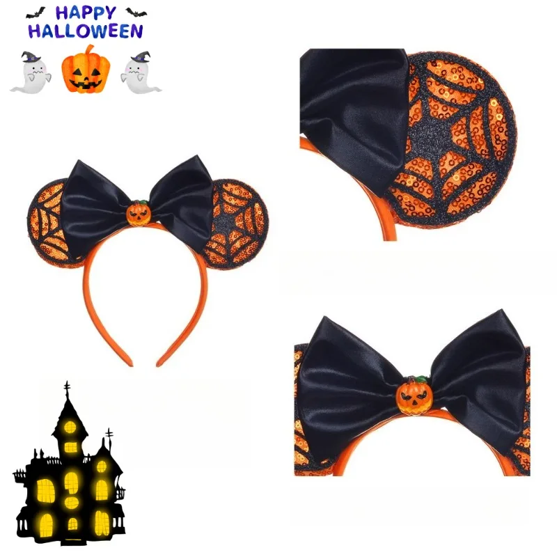 Halloween Festival Spooky Party Decor Orange&Purple Bow Cobweb Ear Headband Stylish Funny Cosplay Hair Accessory Matching Outfit
