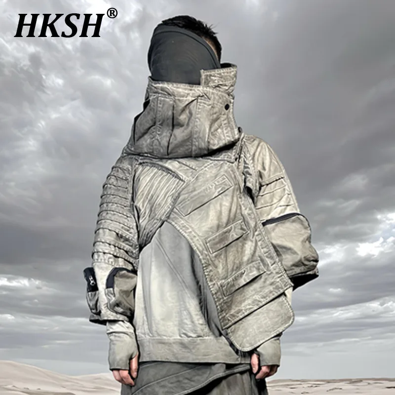 

HKSH Spring Autumn New Men Punk Tide Waste Land Techwear Coat Asymmetric Silhouette Stain Dyed Pleated Cotton Ins Jackets HK5875