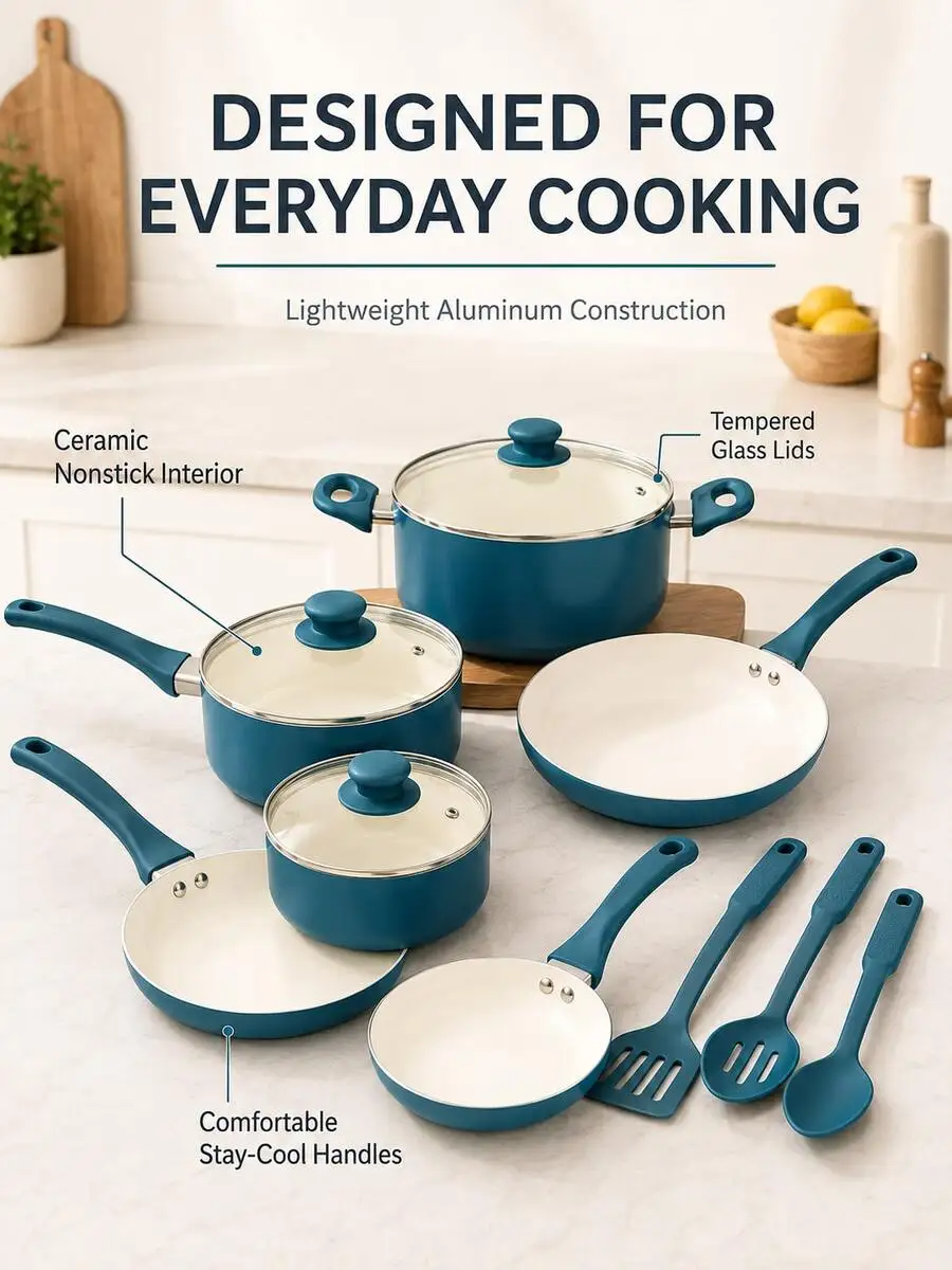 12-Piece Ceramic Nonstick Cookware Set, Pots And Pans With Tempered Glass Lids And Nylon Utensils, Stay-Cool Handles, Fast Even