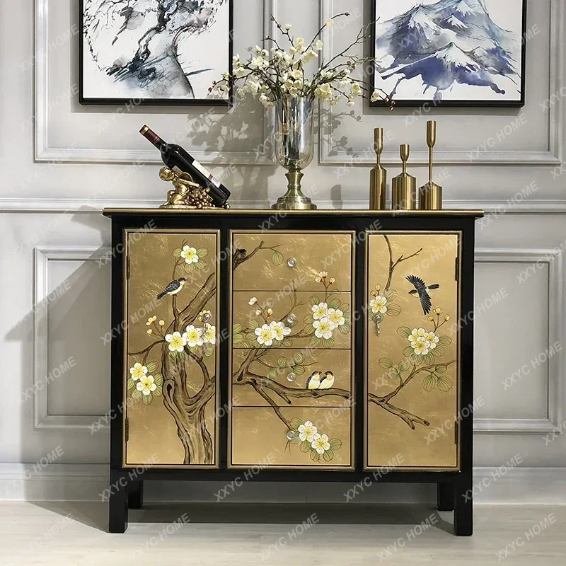 

painted entrance solid wood drawer simple paint hand painted flower and bird storage side cabinet