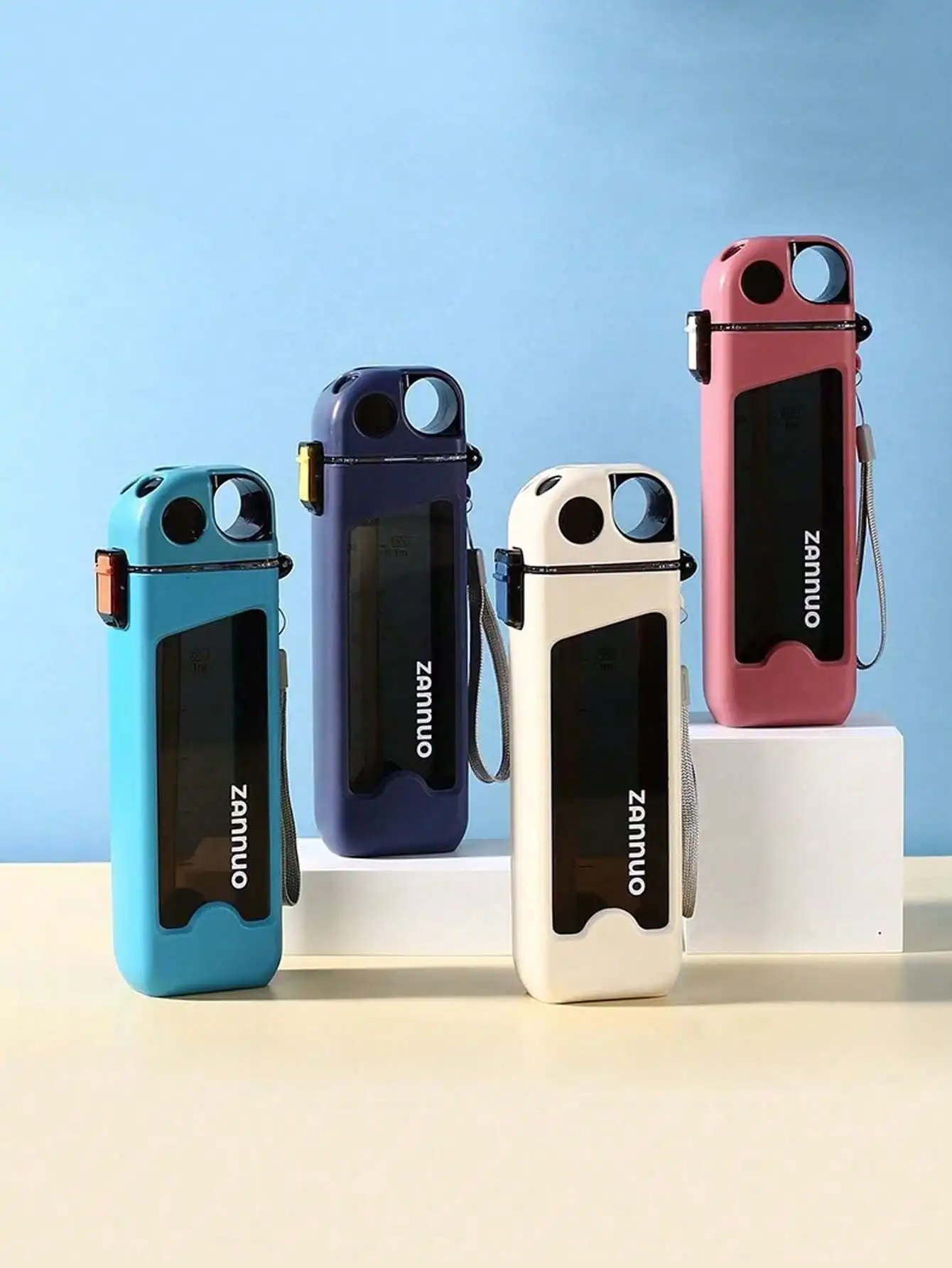 1PC Graduated Plastic Leak Proof Square Water Bottle, Summer Creative Solid Color Leak Proof Sports Water Bottle, Sports Straw