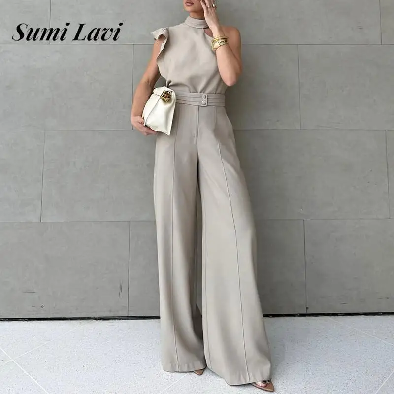 

Sleeveless Elegant Irregular Simple 2Pc Suit Women Causal Hollow Commuter Solid Sets Sexy Halter Top and Straight Pants Outfits