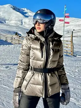 2026 Women Winter Hooded Down Jackets With Belt Lady Warm Thick Long Sleeve Stand Collar Parkas Padded Coats Sports Ski Outdoor