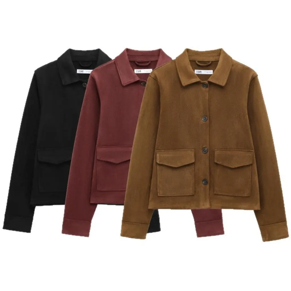 

Fashionable Velvet Texture Jacket Top Women's Wholesale New Style Collared With Pocket Decoration From Factory Stock