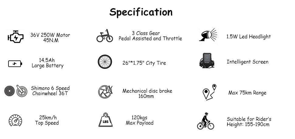 TTGO YY-26ST Electric Bike 26 Inch E-bike 36V14.5 Ah Battery,City Bike 60-75 km Electric Bicycle with Basket EBike for Men Women