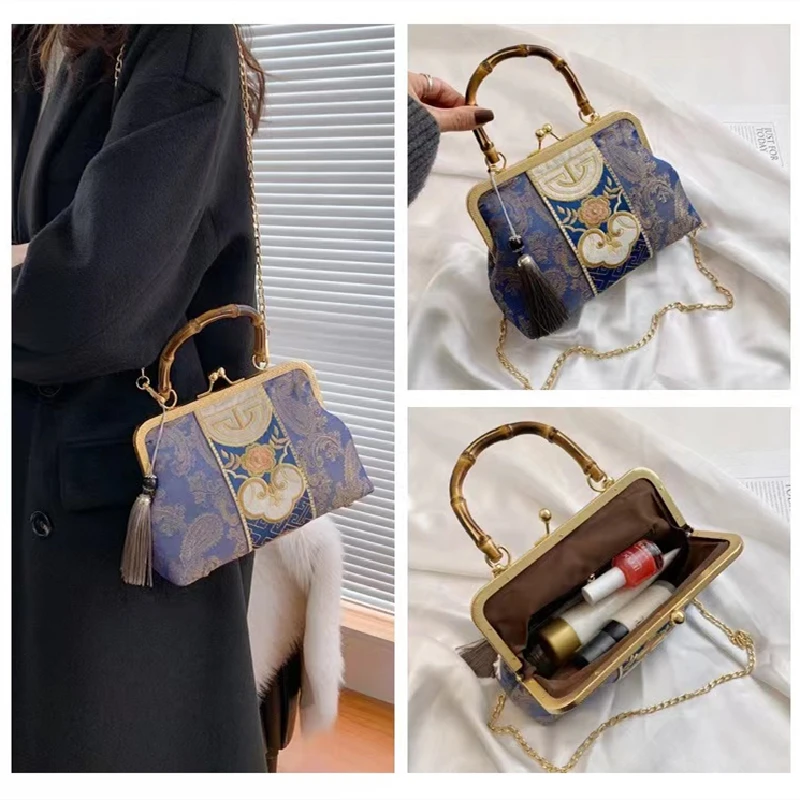 Embroidery Jacquard Bamboo Hand Lock Shell Bags for Women, Shoulder Handbag, Crossbody Chain Tote, Designer Purses