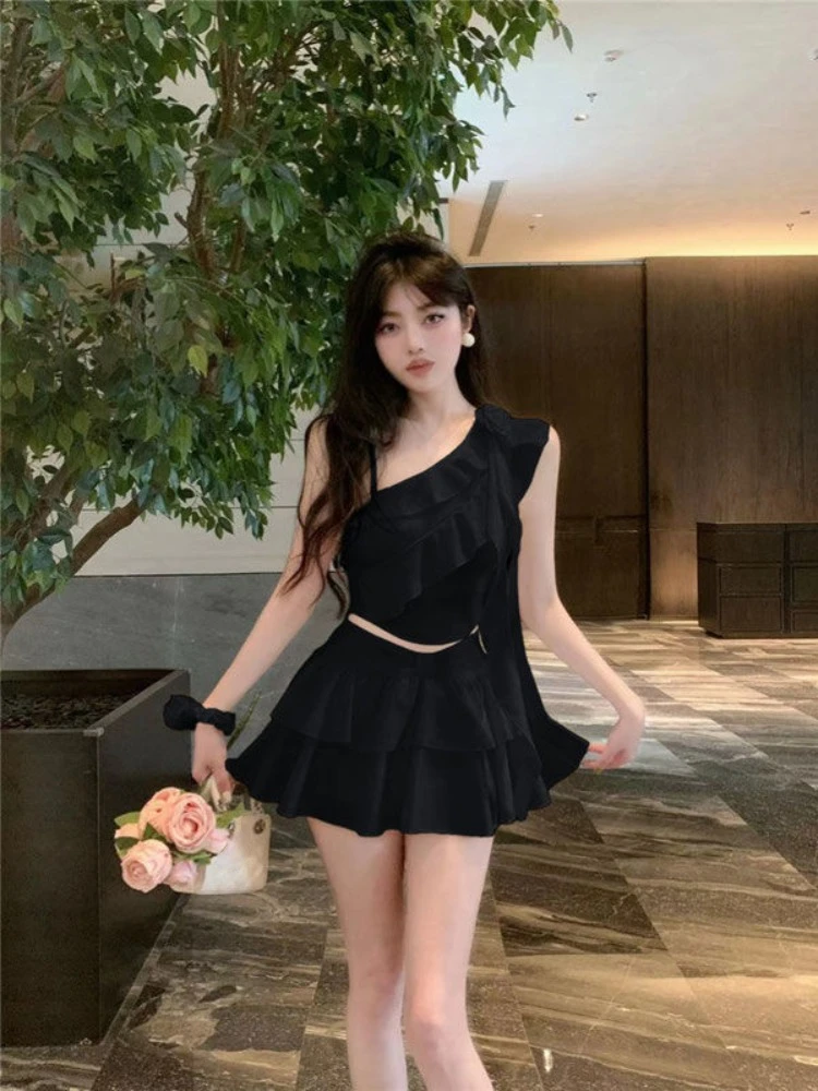 Summer 2024 Japanese 2 Piece Skirt Set Women Off-the-Shoulder Sexy Y2k Crop Top Slim Fit Ruffle Y2k Mini Skirt Chiffon Korean