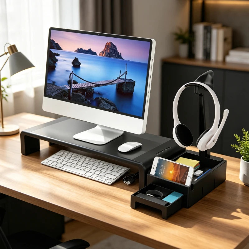 Adjustable Monitor Riser with Four USB Ports, Headphone Hook, Drawer Storage, Rotating Base plus Dual Cable Power Input for Desk