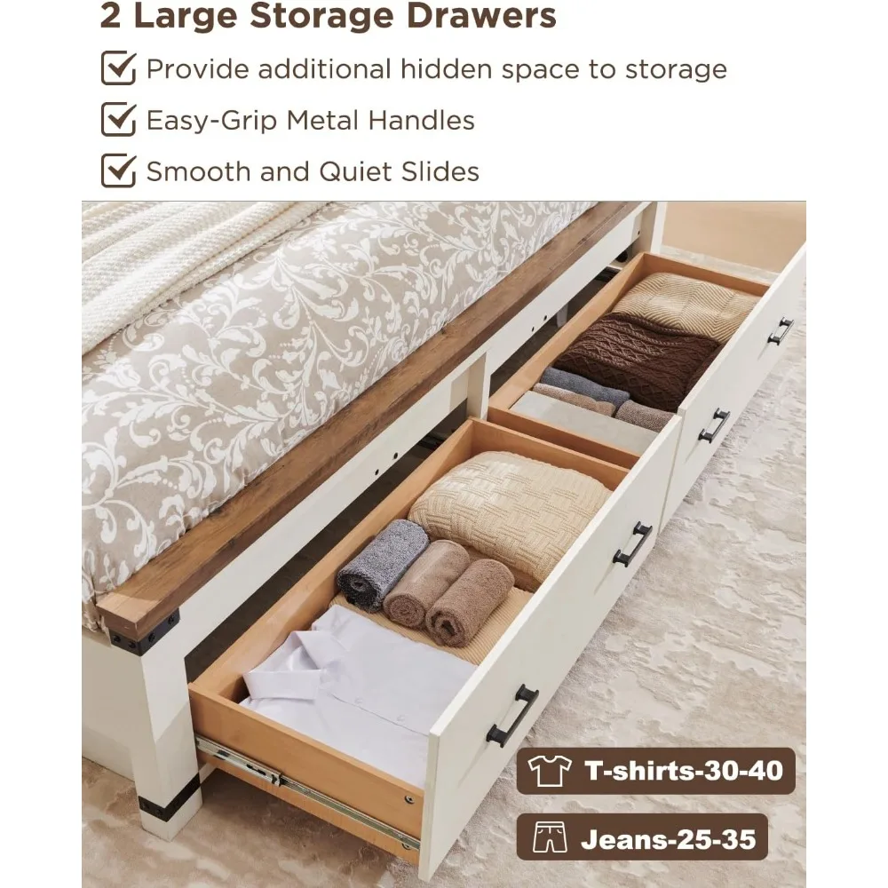 T4TREAM Farmhouse Rama łóżka Queen Size z wysokim geometrycznym zagłówkiem 54" i 2 dużymi szufladami do przechowywania, łóżko na platformie z rustykalnego drewna