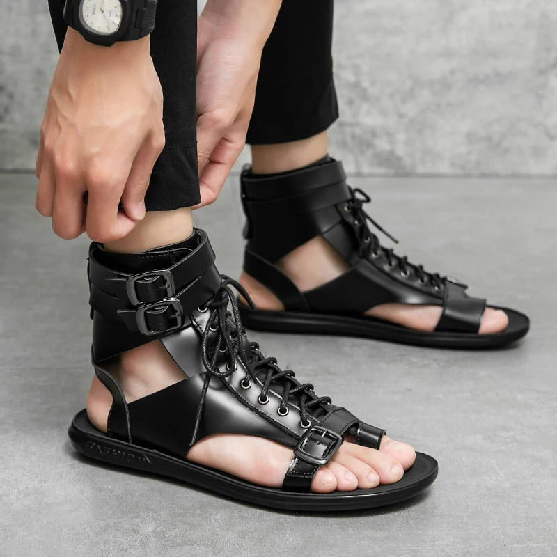 Designer Gladiator Platform 2023 Summer Sandals Shoes for Men Roman Mens Black Casual Beach Leather Brand Flip Flops Ankle Boots