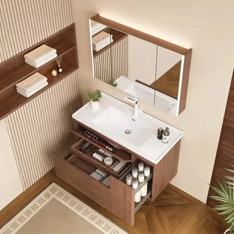 walnut storage simple bathroom cabinet integrated combination drawer toilet pull basket wash washbasin