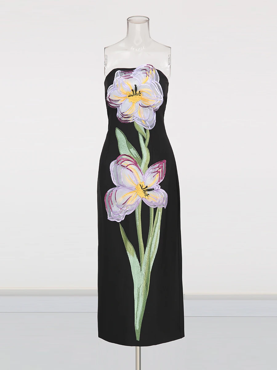 CHICEVER Orange Spliced 3D Flower Dress Female Strapless Sleeveless Slimming Temperament Women's Long Dresses Fashion Summer New