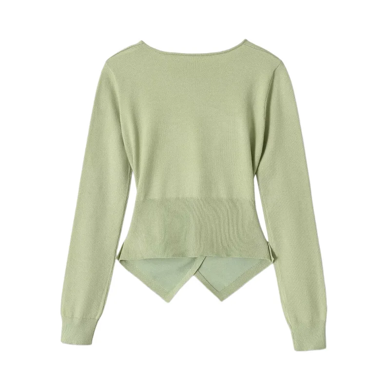 Withered Women's 2026 Summer New Product Fashion Long Sleeve Round Neck Asymmetric Hemp Knitted Shirt