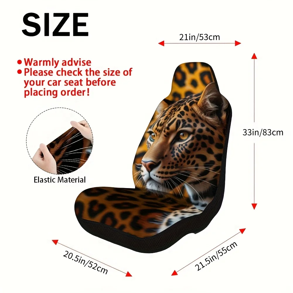 2pcs Leopard Portrait Animal Print Car Seat Covers | Comfortable, Foldable, Universal Fit, Polyester, Machine Washable, Stylish
