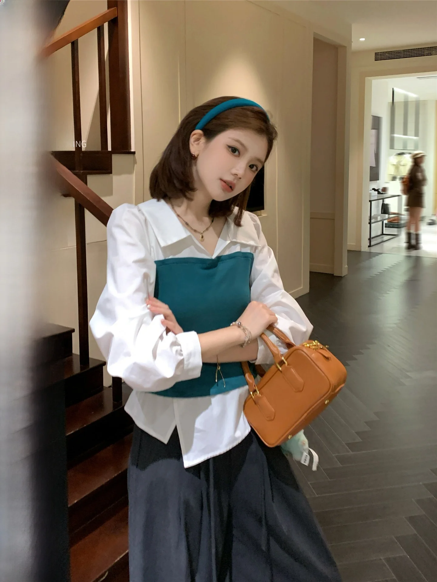 

Повседневная женская рубашка Casual Sle Cheesecake с темно-синим воротником, в стиле пэчворк, с цветовыми блоками, универсальный дизайн, осенняя коллекция, свободный крой, длинный рукав