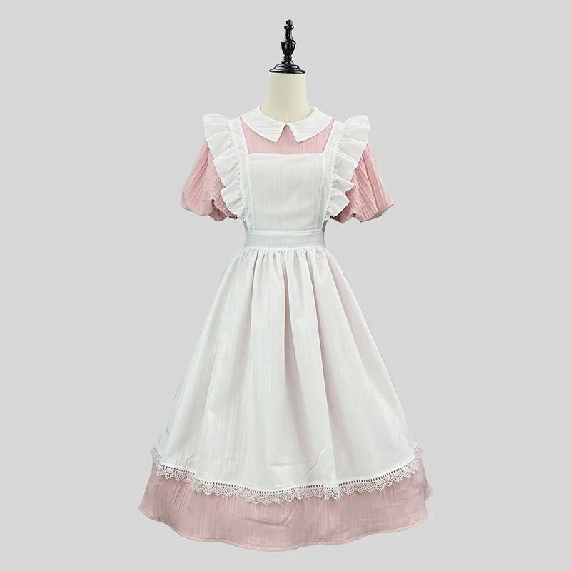 

S-5XL New Lolita Long Dress Sweet Cute Girls Maid Outfit Short Sleeved Fancy Apron Dress Servant Waitress Cosplay Costume