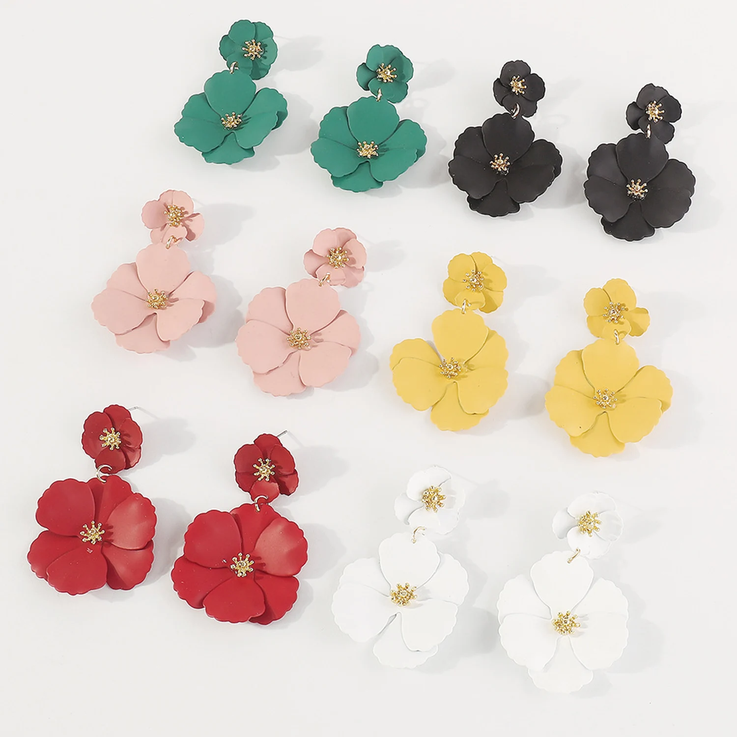Korean Fashion Big Flower Drop Earrings for Women Wedding Vintage Long Colorful Double Layer Enamel Floral Post Earring