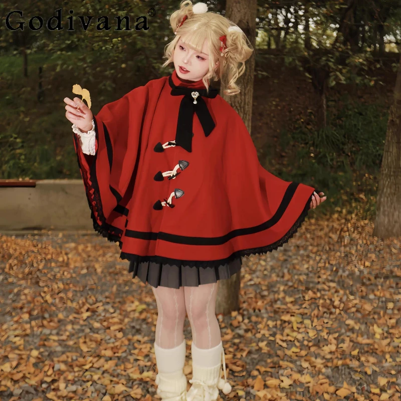 

Christmas Sweet Lolita Red Cloak Capes Autumn and Winter Girls' Cute Horn Button Short Jacket Coats Women's Y2K Ponchos