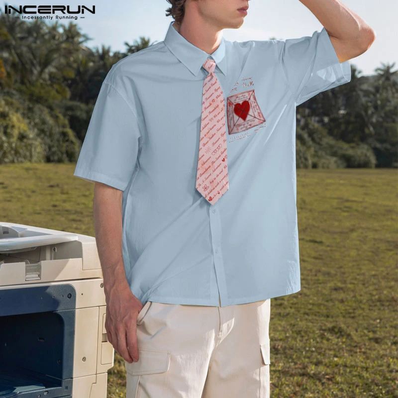 INCERUN Men Shirt Printing Color-block Lapel Short Sleeve Loose Men Clothing Streetwear 2025 Korean Style Fashion Casual Shirts